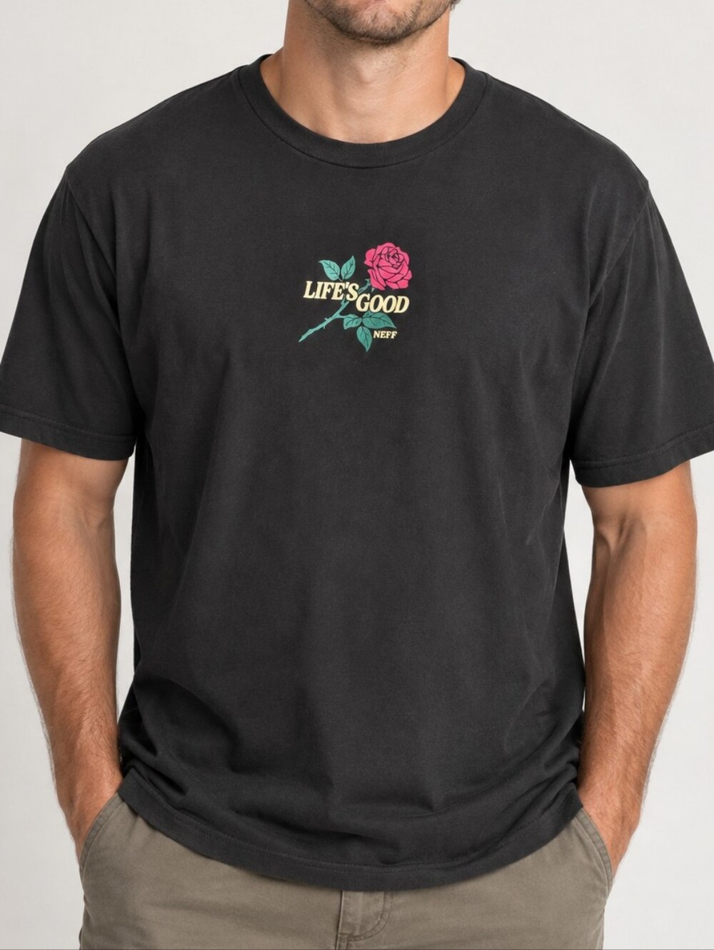 Neff Black Short-Sleeve Tee with Pink Rose Graphic XL